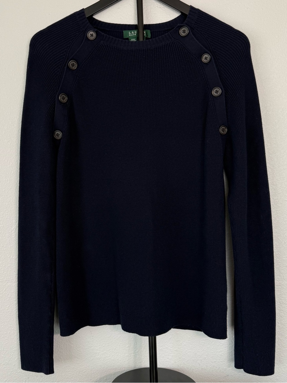 Lauren Ralph Lauren Navy Knit Sweater Button Shoulder Crewneck Women Size XL - Picture 8 of 11